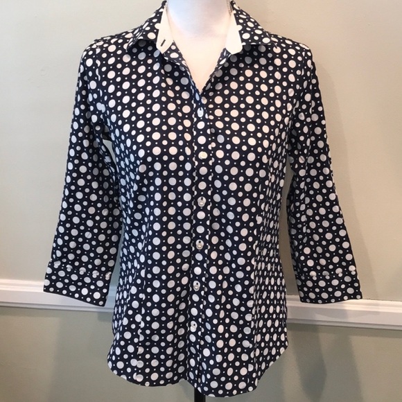 Talbots Navy Polka Dot Button Down Blouse - Picture 1 of 7